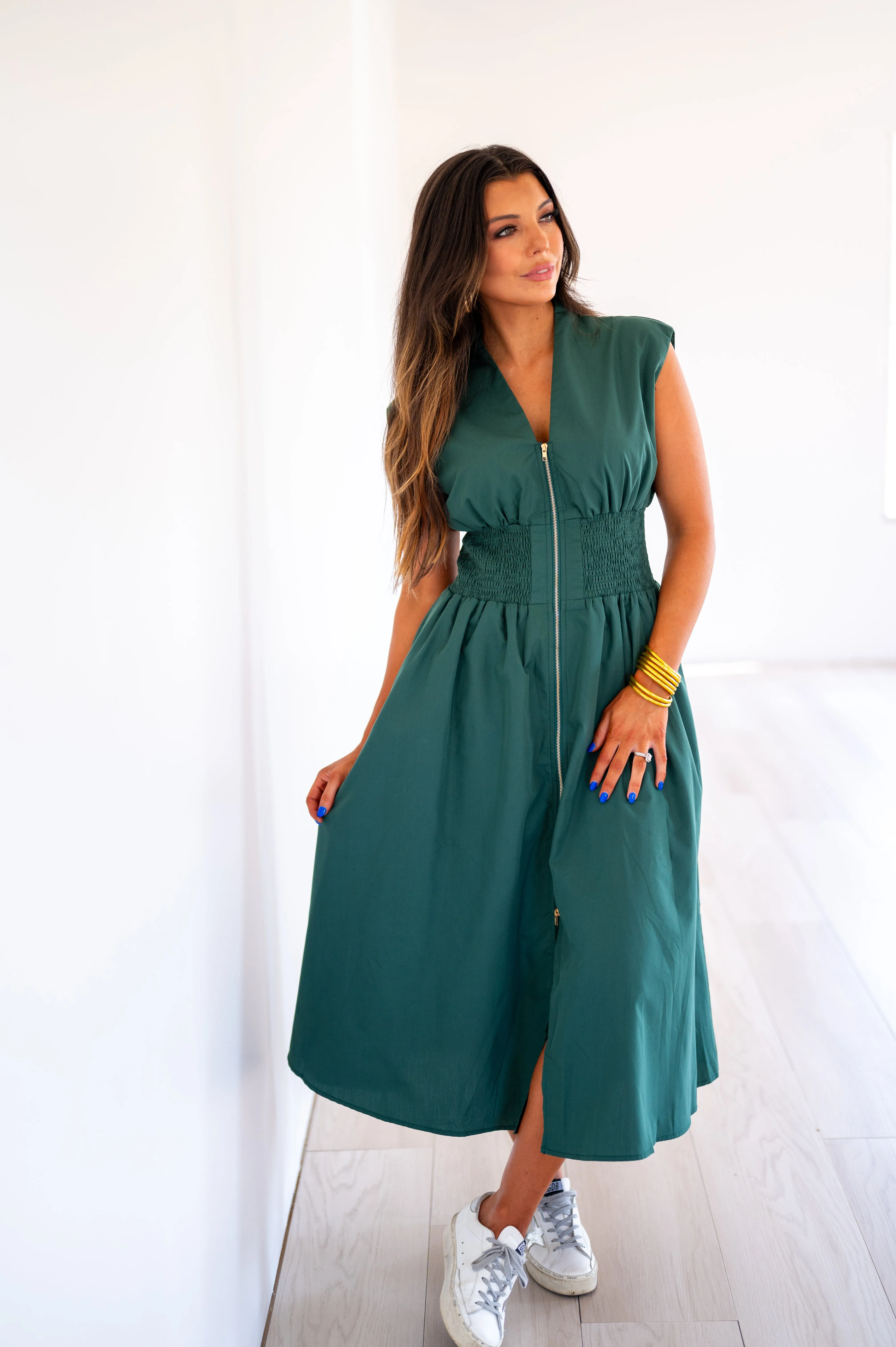 Aden Midi Zipper Dress-Hunter Green