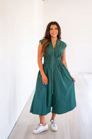 Aden Midi Zipper Dress-Hunter Green