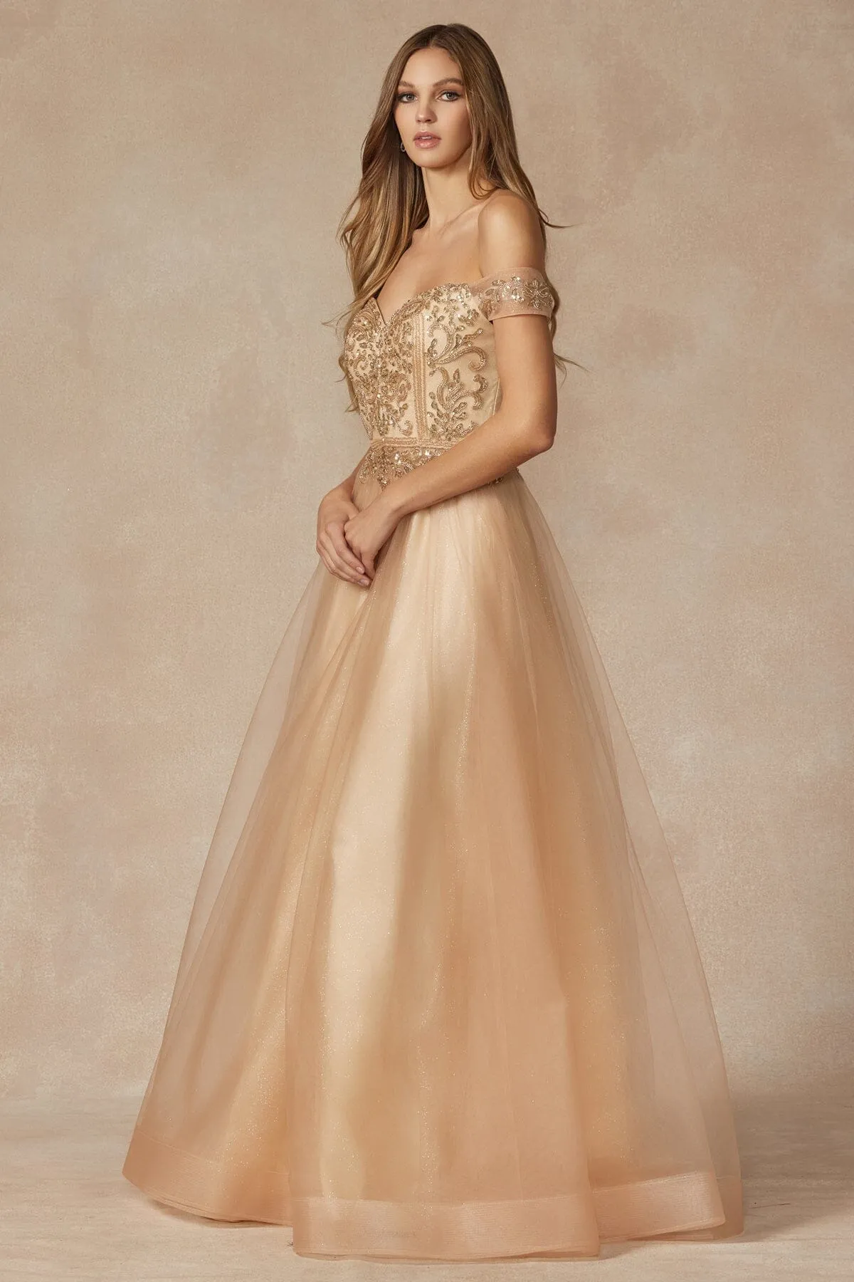 Beaded Off Shoulder A-line Gown by Juliet 287