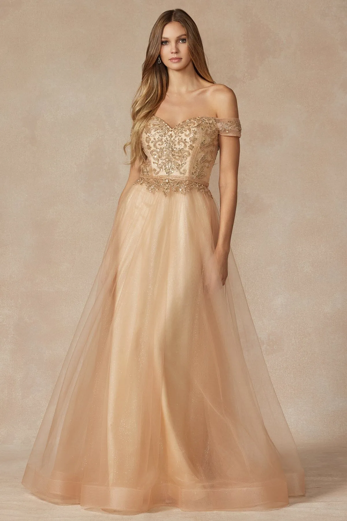 Beaded Off Shoulder A-line Gown by Juliet 287
