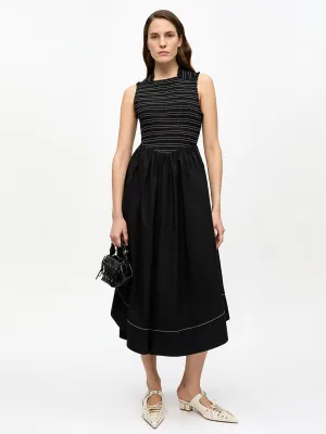 Black Washed Stretch Cotton Smock Midi Dress
