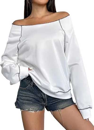 Blue-Grey Fall Chic Off Shoulder Sweatshirt