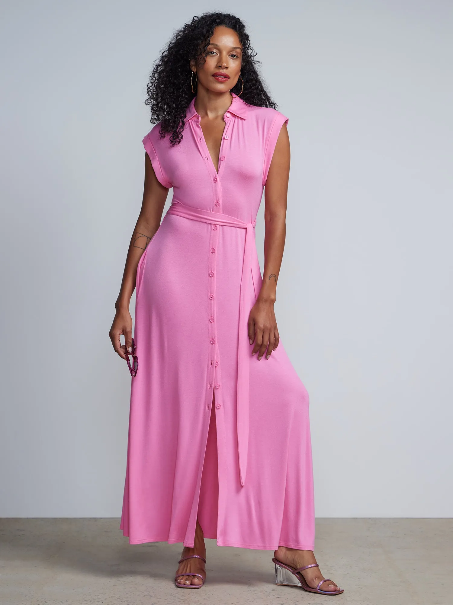 Button-Front Cap Sleeve Tie-Waist Shirt  Maxi Dress