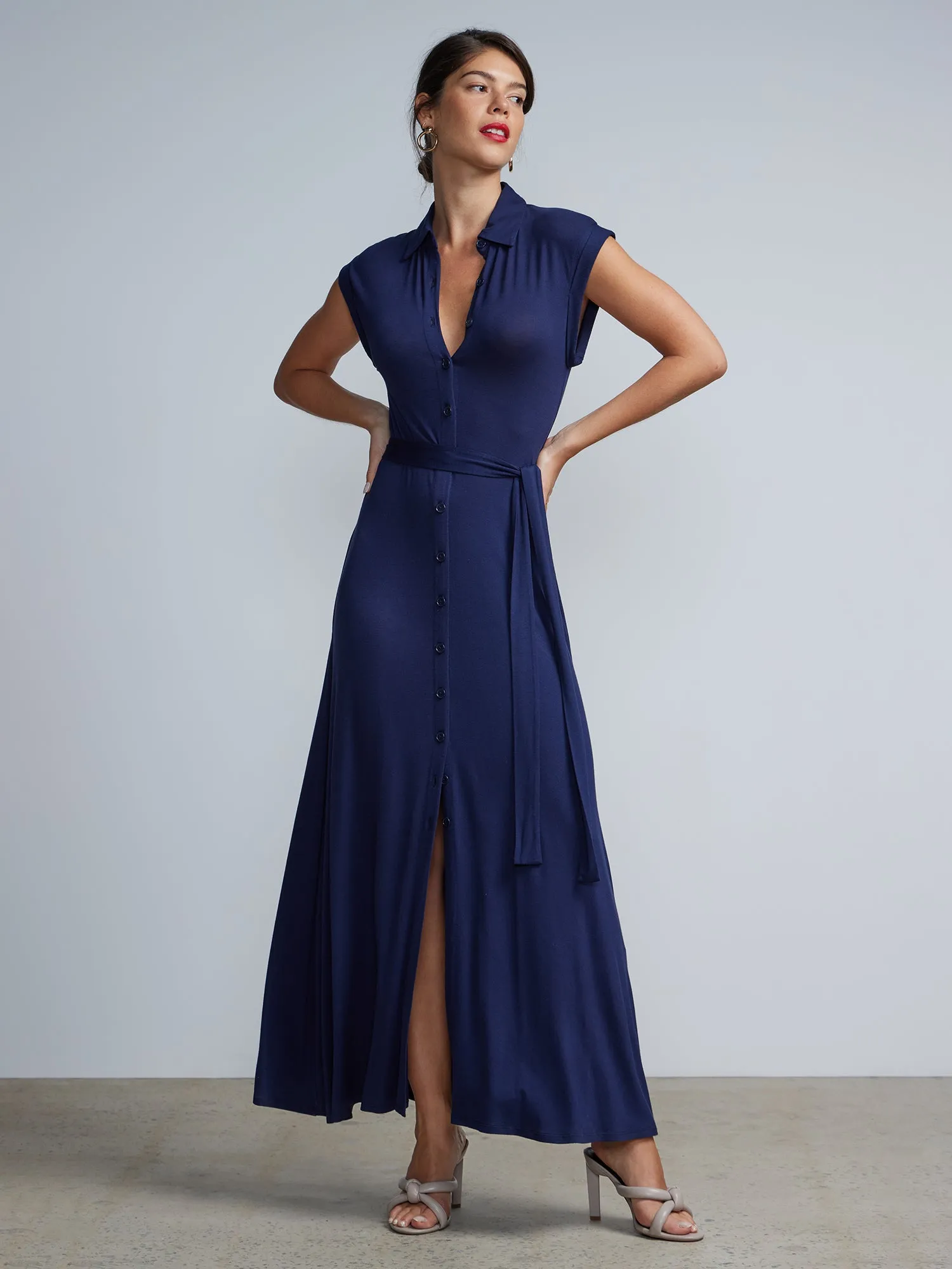 Button-Front Cap Sleeve Tie-Waist Shirt  Maxi Dress