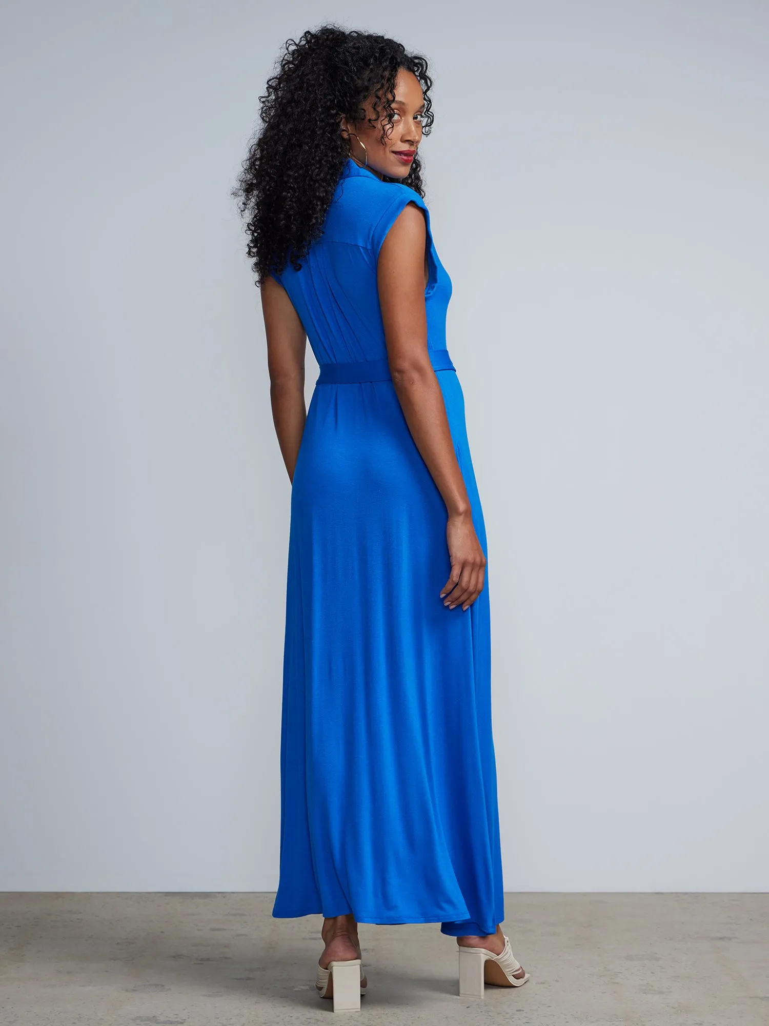 Button-Front Cap Sleeve Tie-Waist Shirt  Maxi Dress