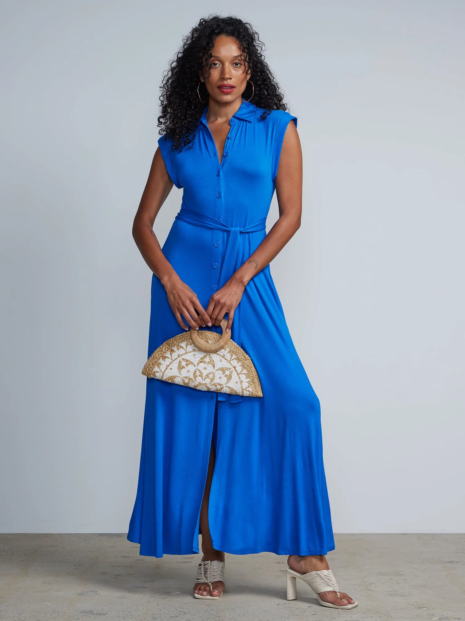 Button-Front Cap Sleeve Tie-Waist Shirt  Maxi Dress