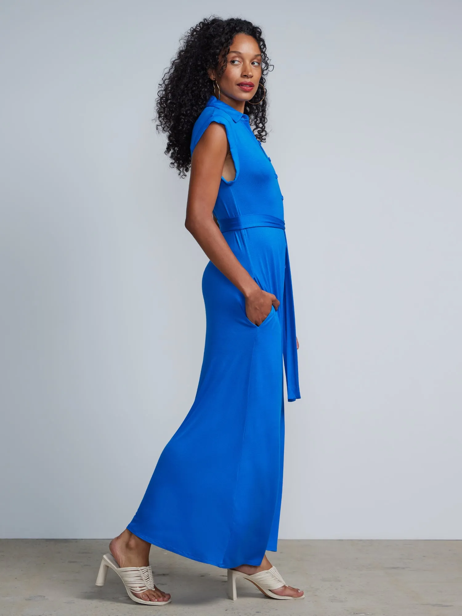 Button-Front Cap Sleeve Tie-Waist Shirt  Maxi Dress