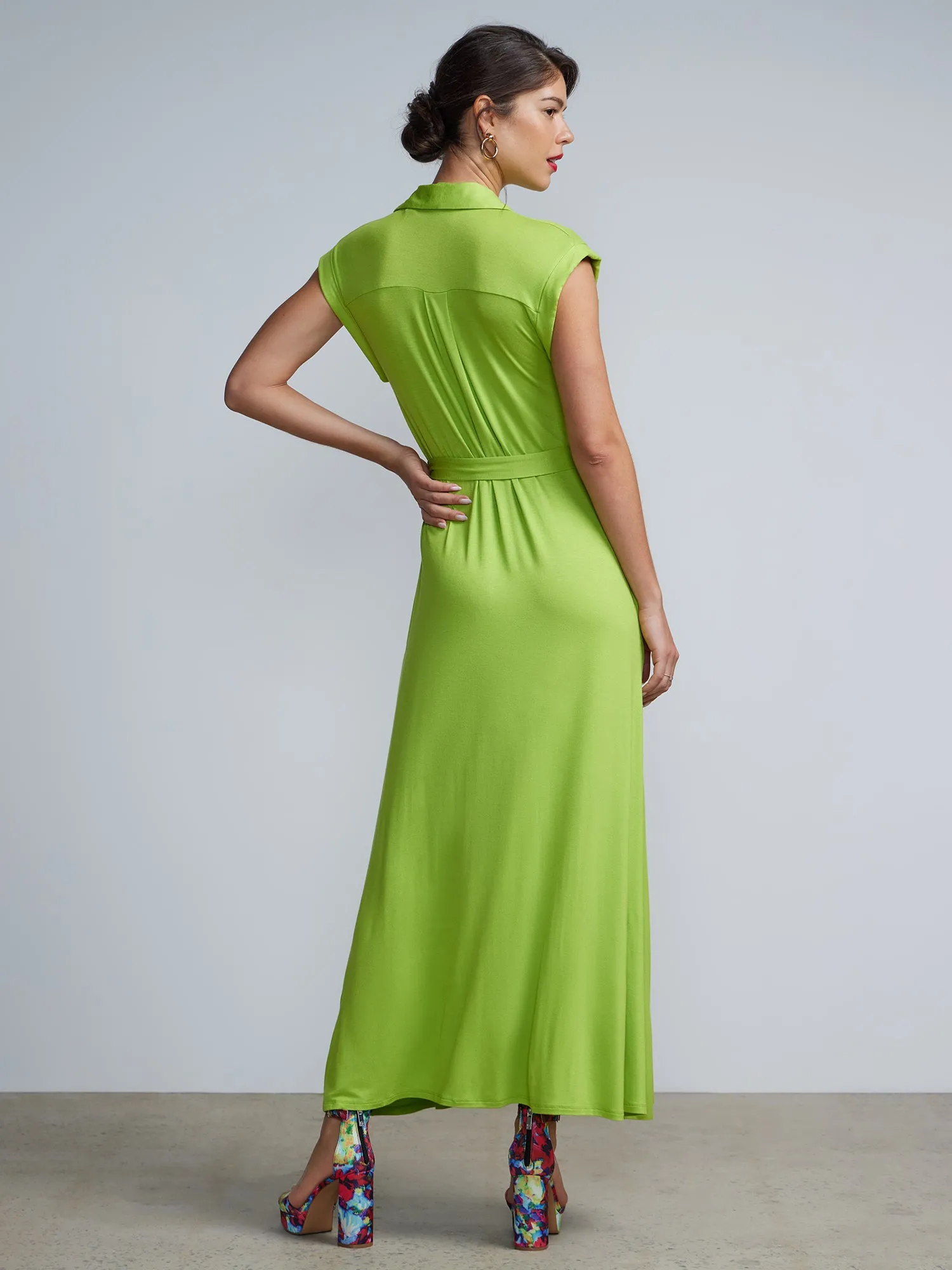 Button-Front Cap Sleeve Tie-Waist Shirt  Maxi Dress