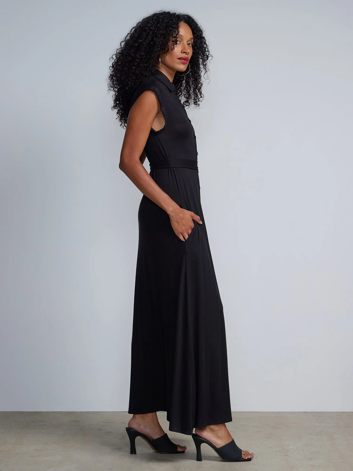 Button-Front Cap Sleeve Tie-Waist Shirt  Maxi Dress