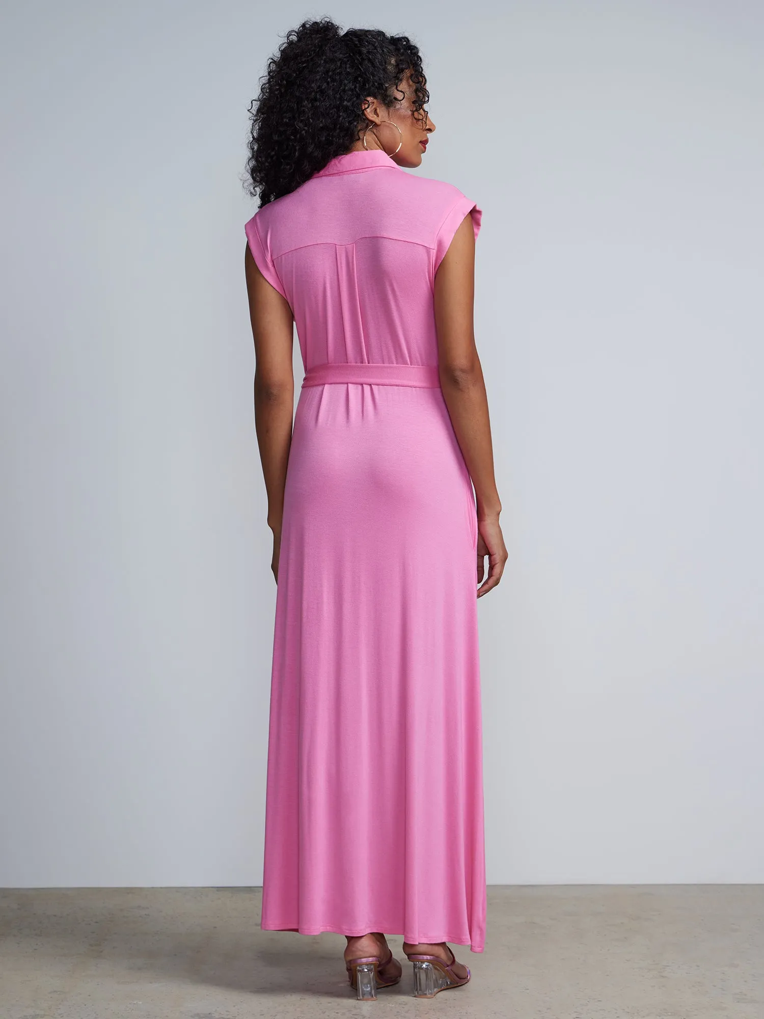 Button-Front Cap Sleeve Tie-Waist Shirt  Maxi Dress