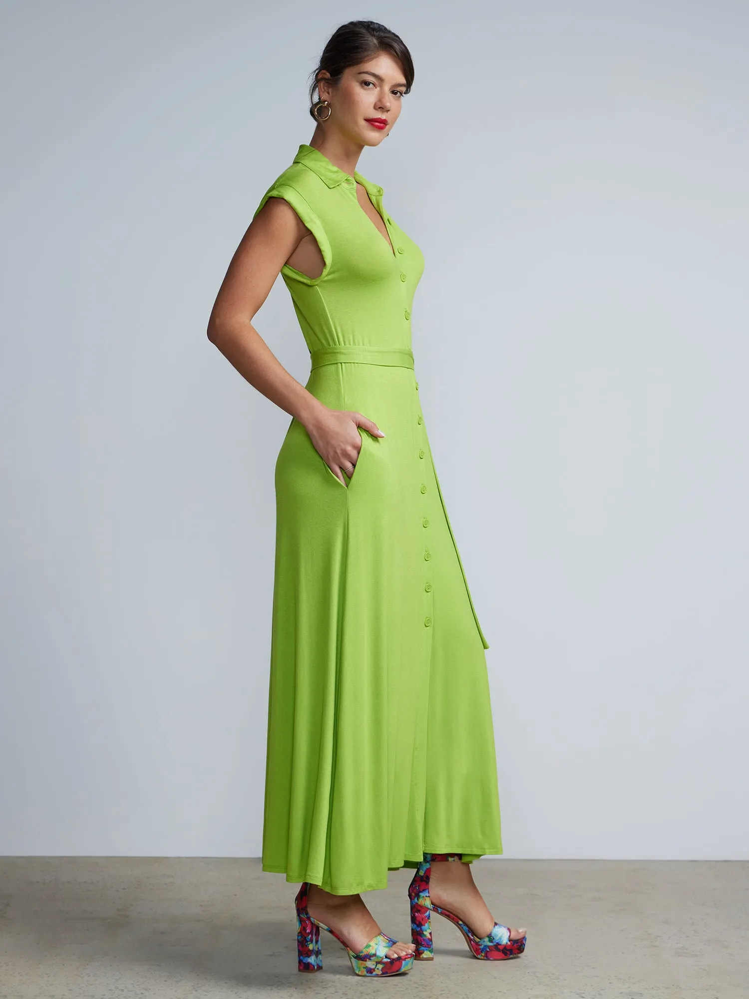 Button-Front Cap Sleeve Tie-Waist Shirt  Maxi Dress