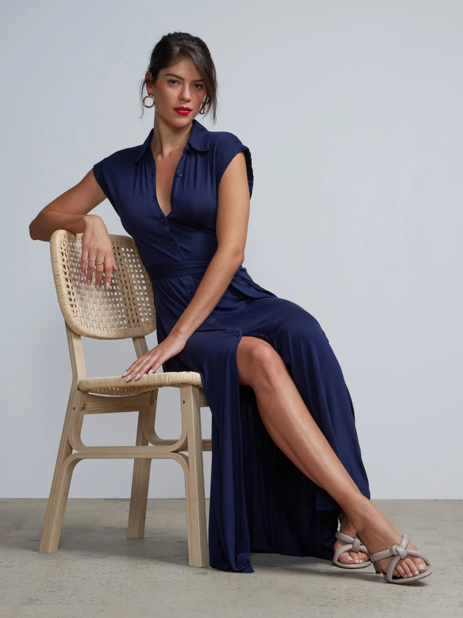 Button-Front Cap Sleeve Tie-Waist Shirt  Maxi Dress