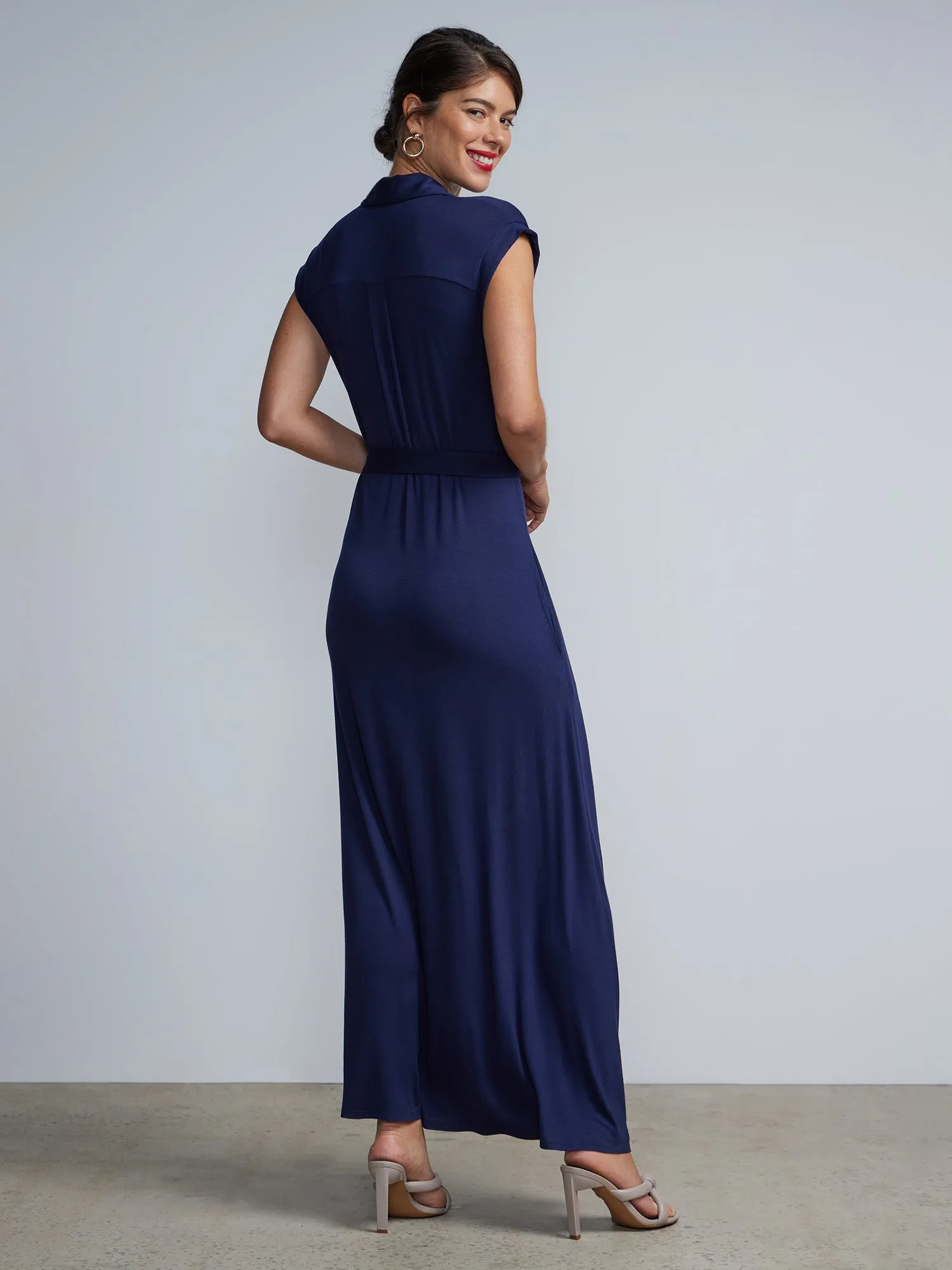 Button-Front Cap Sleeve Tie-Waist Shirt  Maxi Dress