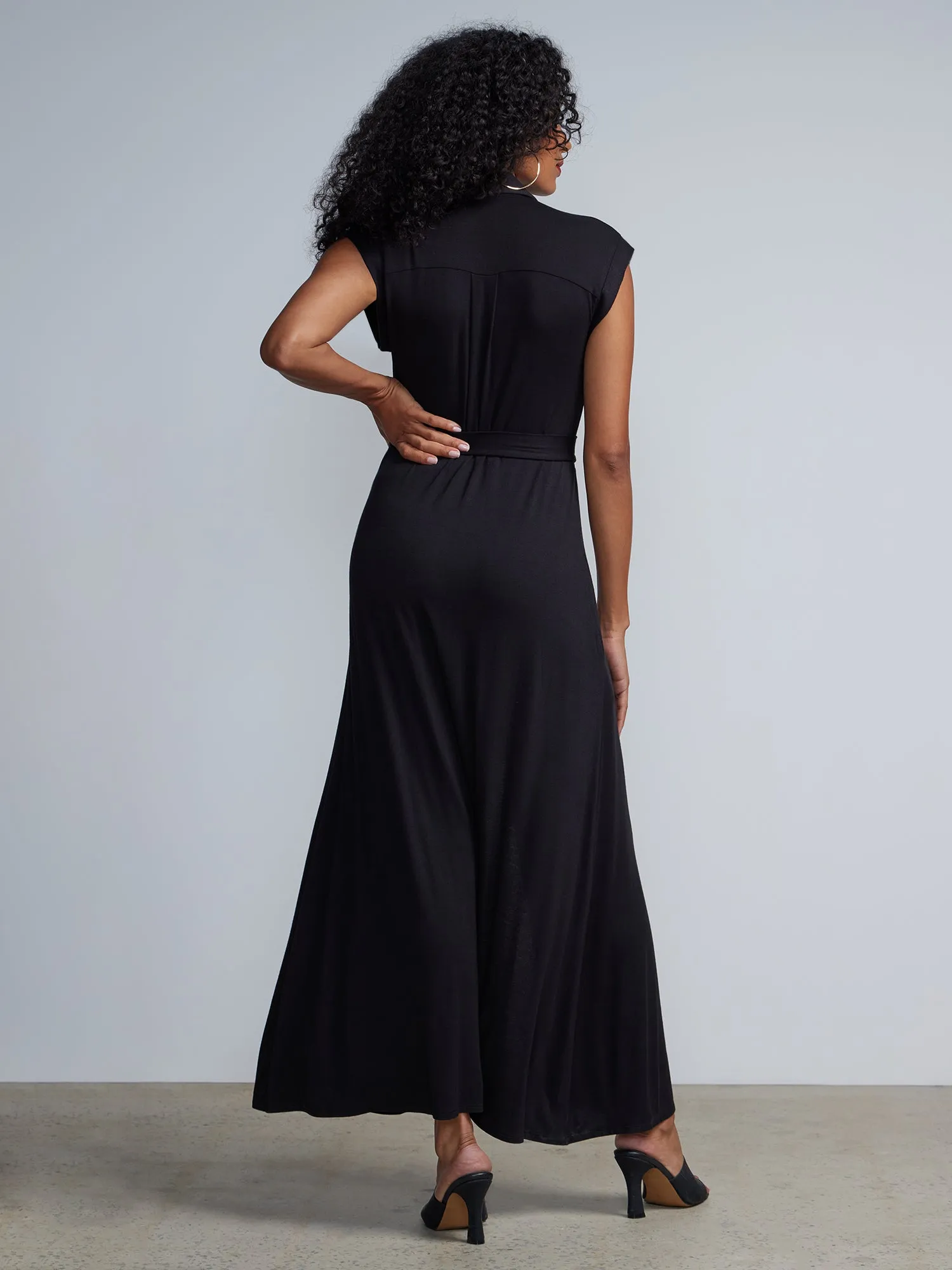 Button-Front Cap Sleeve Tie-Waist Shirt  Maxi Dress