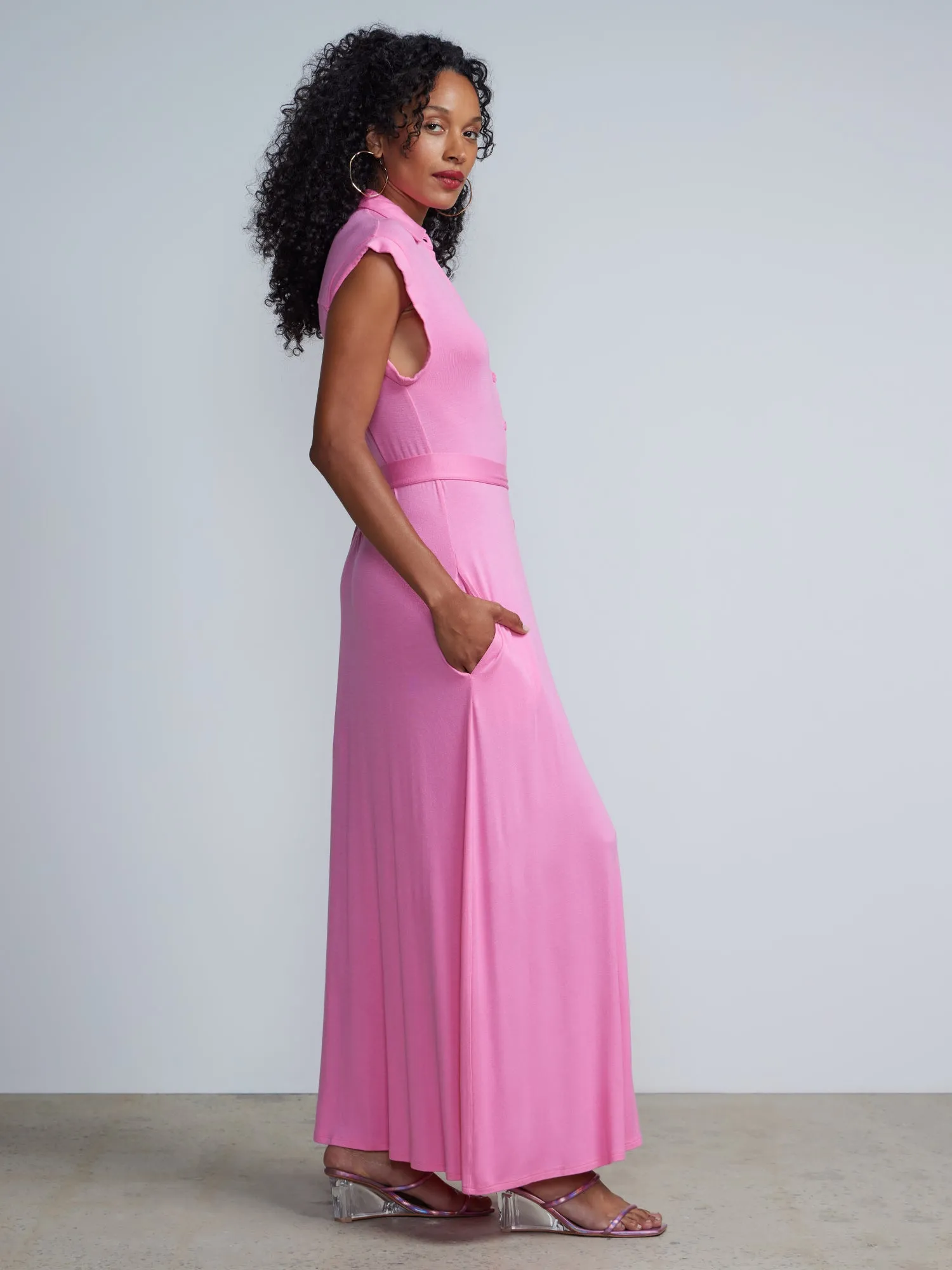 Button-Front Cap Sleeve Tie-Waist Shirt  Maxi Dress