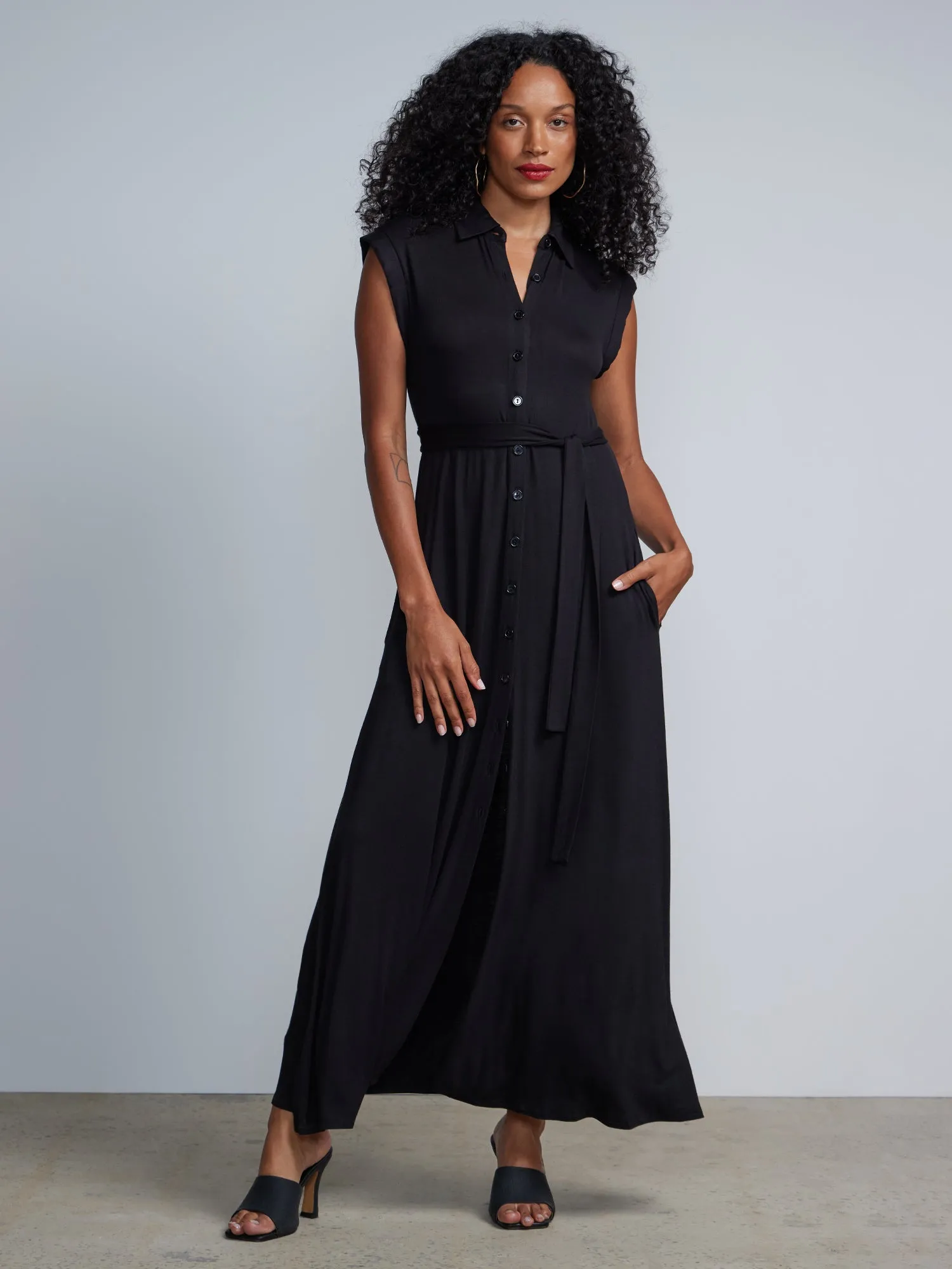 Button-Front Cap Sleeve Tie-Waist Shirt  Maxi Dress