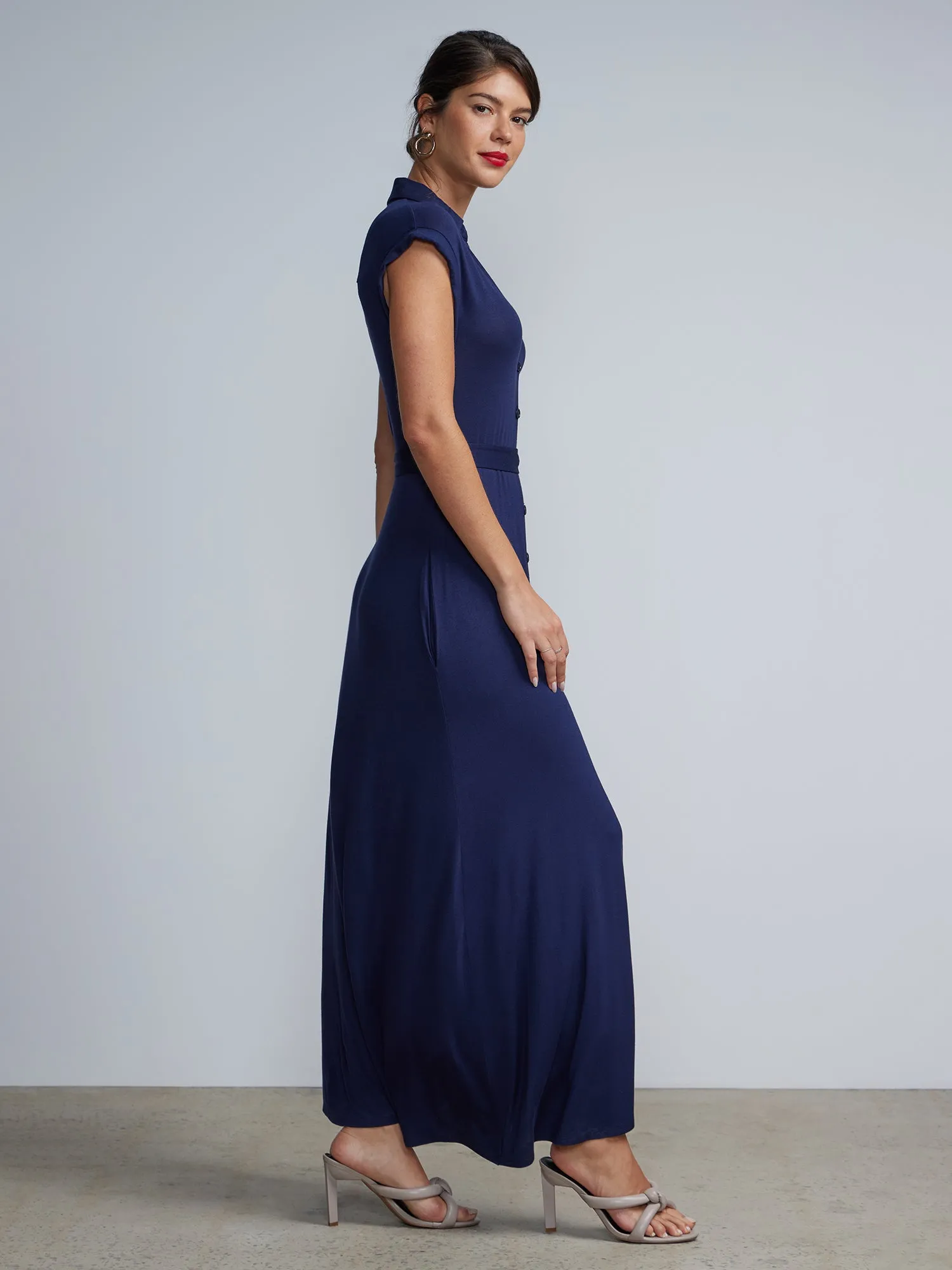Button-Front Cap Sleeve Tie-Waist Shirt  Maxi Dress