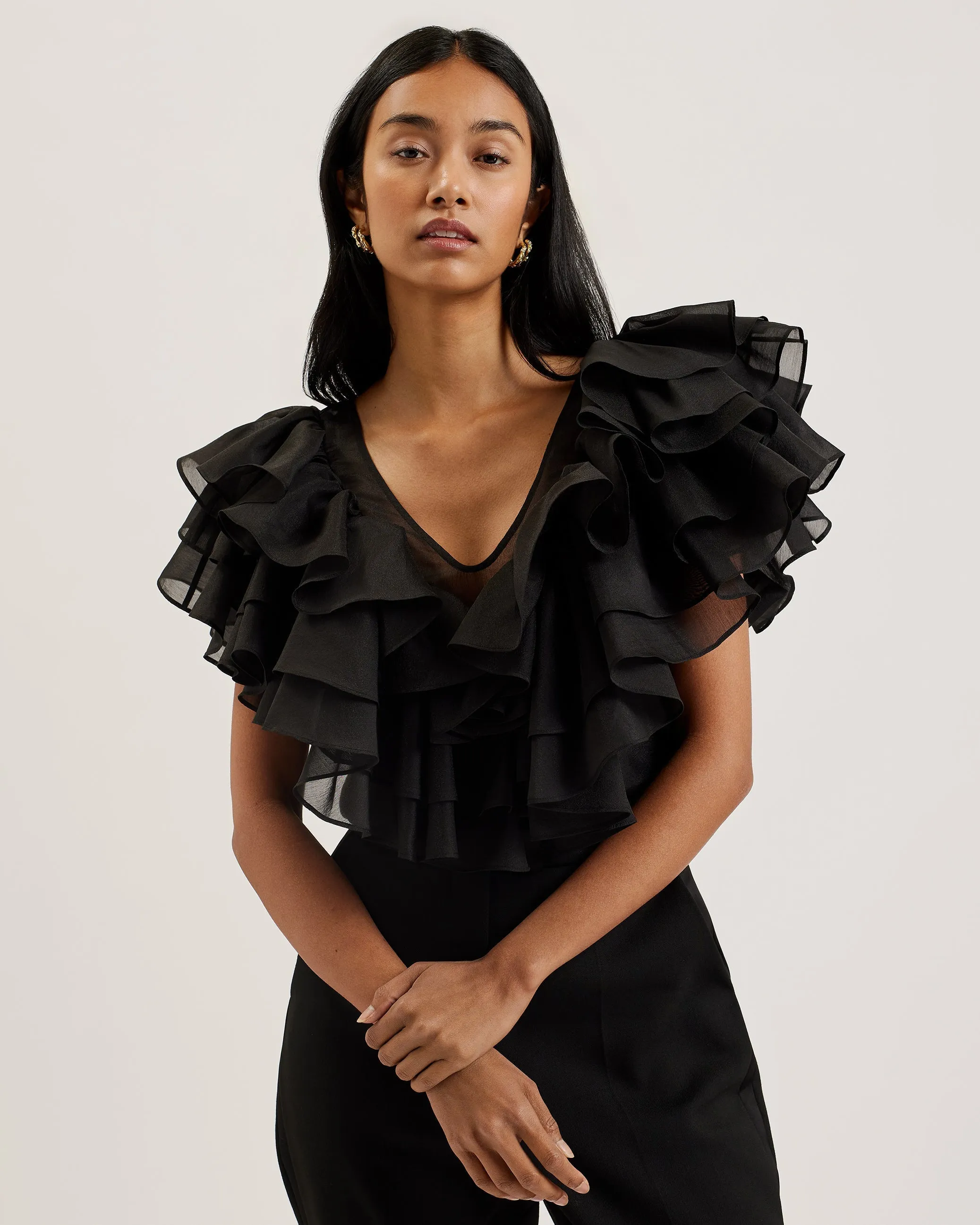 Calonda Oversized Ruffle V Neck Top Black