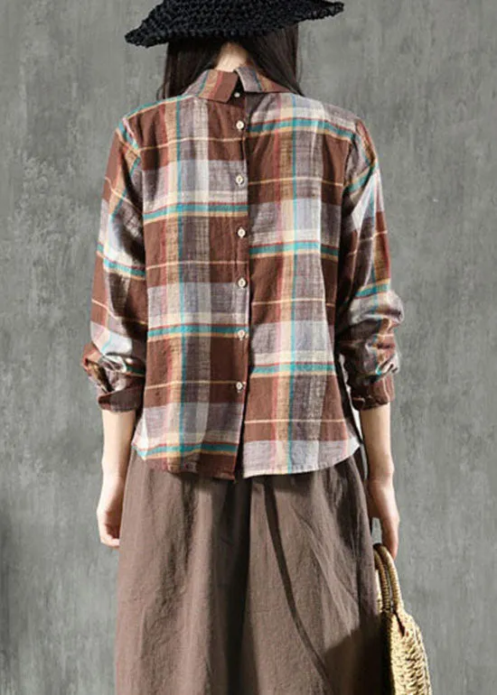 Chic Coffee Plaid Peter Pan Collar Patchwork Linen Blouse Tops Spring LY6180