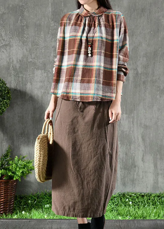 Chic Coffee Plaid Peter Pan Collar Patchwork Linen Blouse Tops Spring LY6180