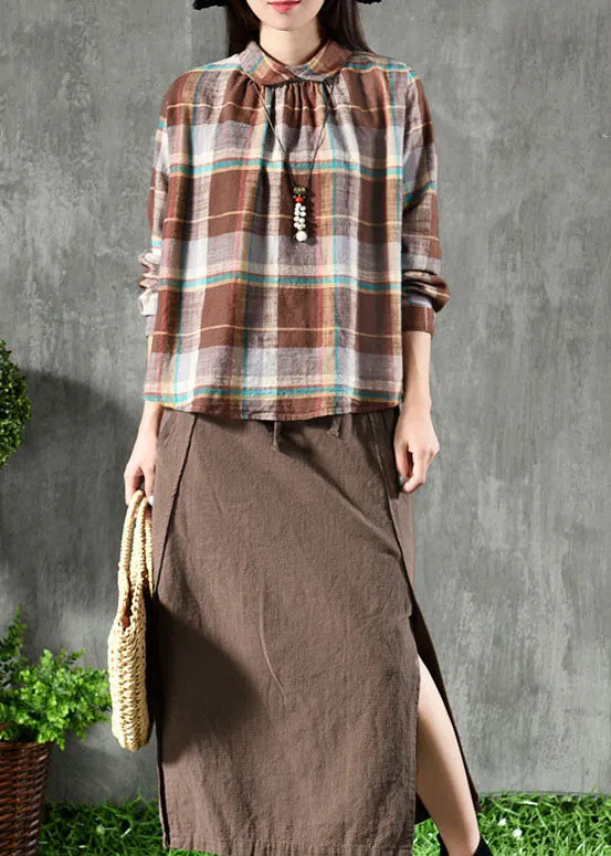 Chic Coffee Plaid Peter Pan Collar Patchwork Linen Blouse Tops Spring LY6180