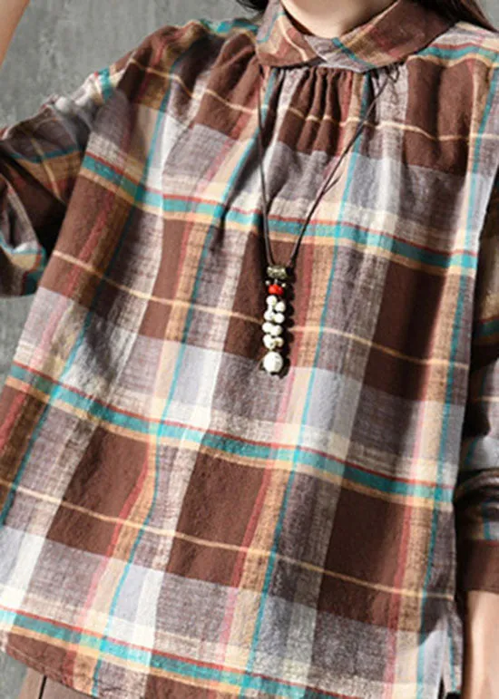Chic Coffee Plaid Peter Pan Collar Patchwork Linen Blouse Tops Spring LY6180