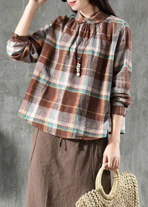Chic Coffee Plaid Peter Pan Collar Patchwork Linen Blouse Tops Spring LY6180
