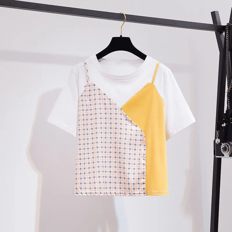 Chic Colorblock Round Collar T-Shirt Pocketed Denim Shorts