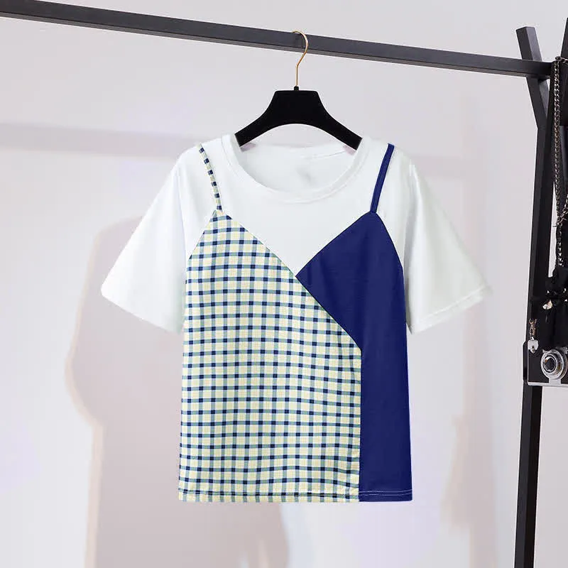Chic Colorblock Round Collar T-Shirt Pocketed Denim Shorts