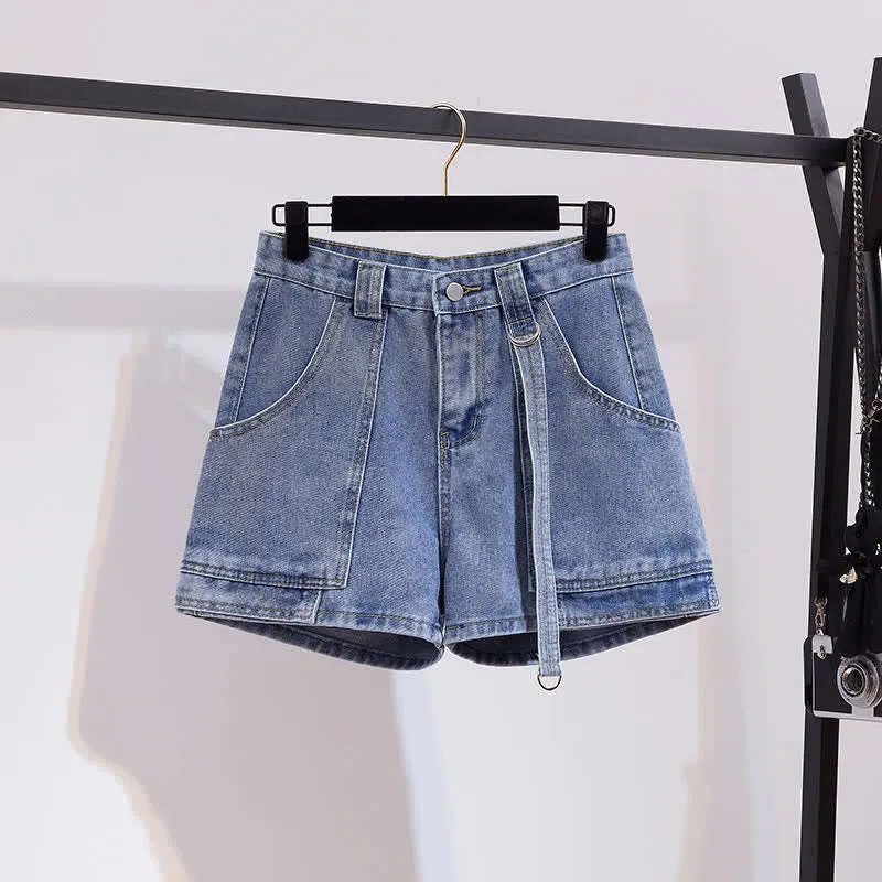 Chic Colorblock Round Collar T-Shirt Pocketed Denim Shorts
