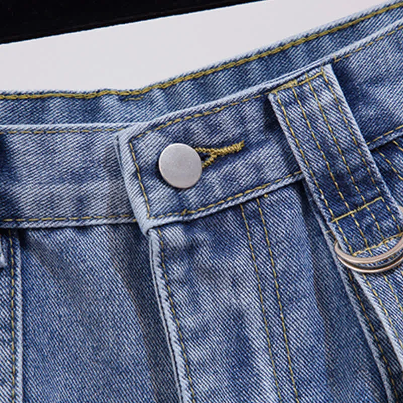 Chic Colorblock Round Collar T-Shirt Pocketed Denim Shorts