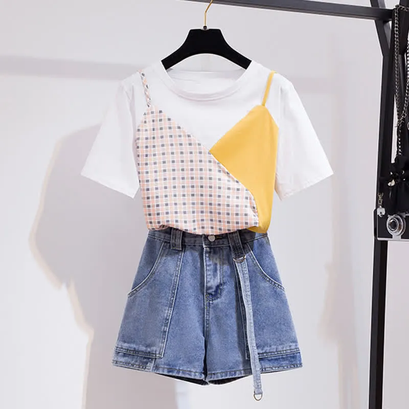Chic Colorblock Round Collar T-Shirt Pocketed Denim Shorts