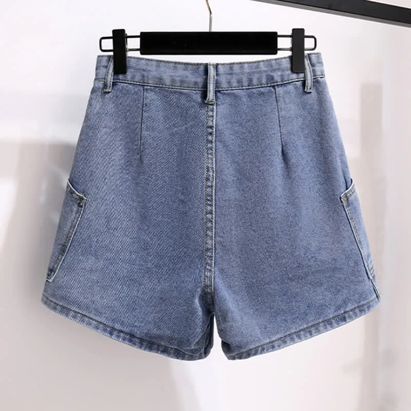 Chic Colorblock Round Collar T-Shirt Pocketed Denim Shorts