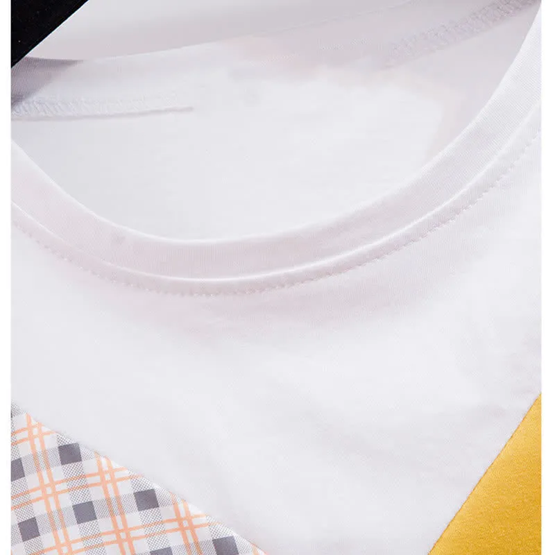 Chic Colorblock Round Collar T-Shirt Pocketed Denim Shorts