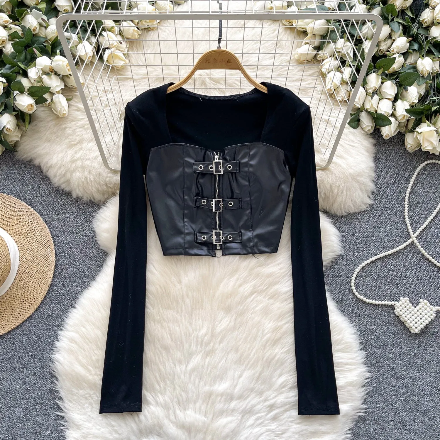 Chic PU Patchwork Zipped Top
