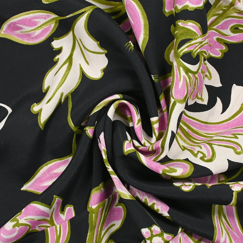 Crêpe de viscose imprimé plume baroque rose, écru et vert fond noir