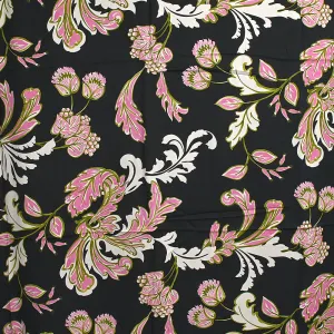 Crêpe de viscose imprimé plume baroque rose, écru et vert fond noir