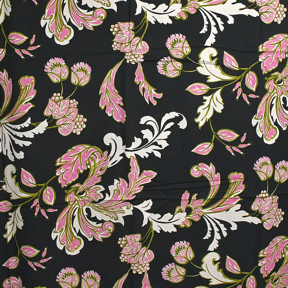 Crêpe de viscose imprimé plume baroque rose, écru et vert fond noir