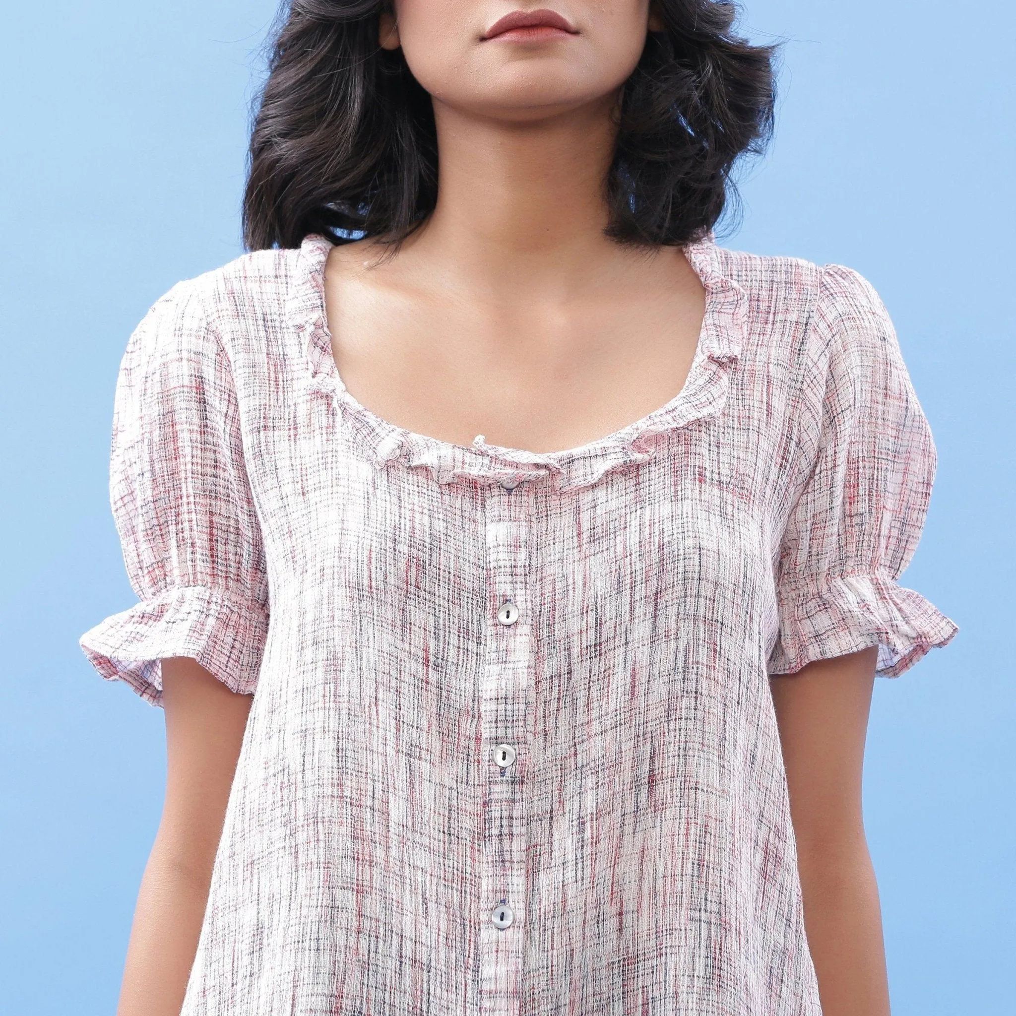 Frilled Crinkled Cotton Button-Down Blouse