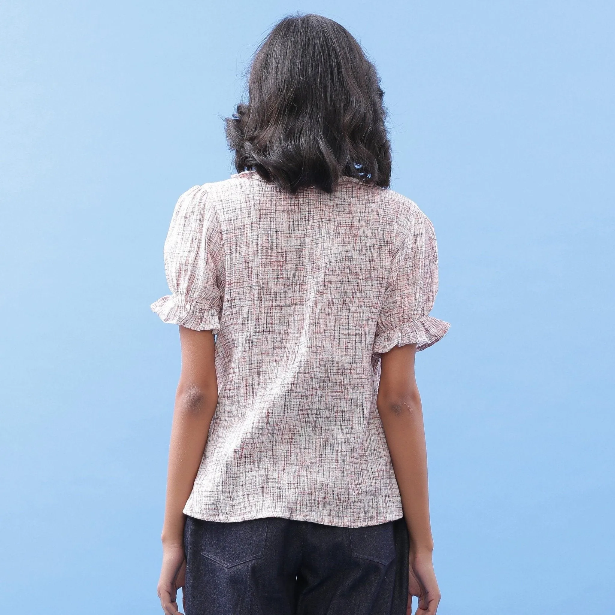 Frilled Crinkled Cotton Button-Down Blouse