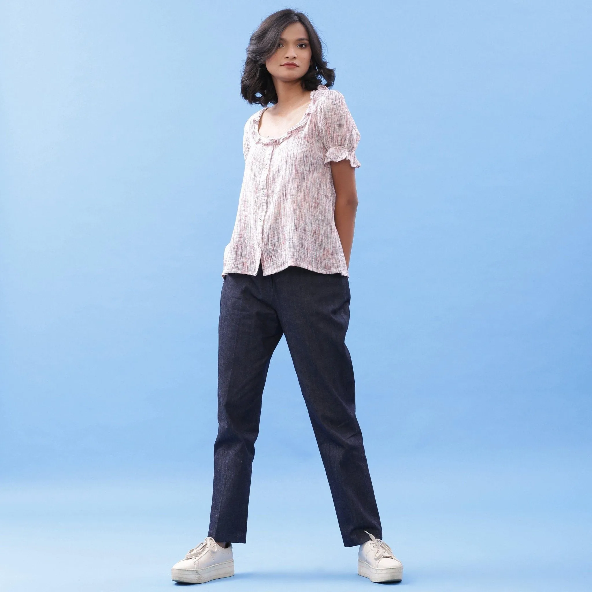 Frilled Crinkled Cotton Button-Down Blouse