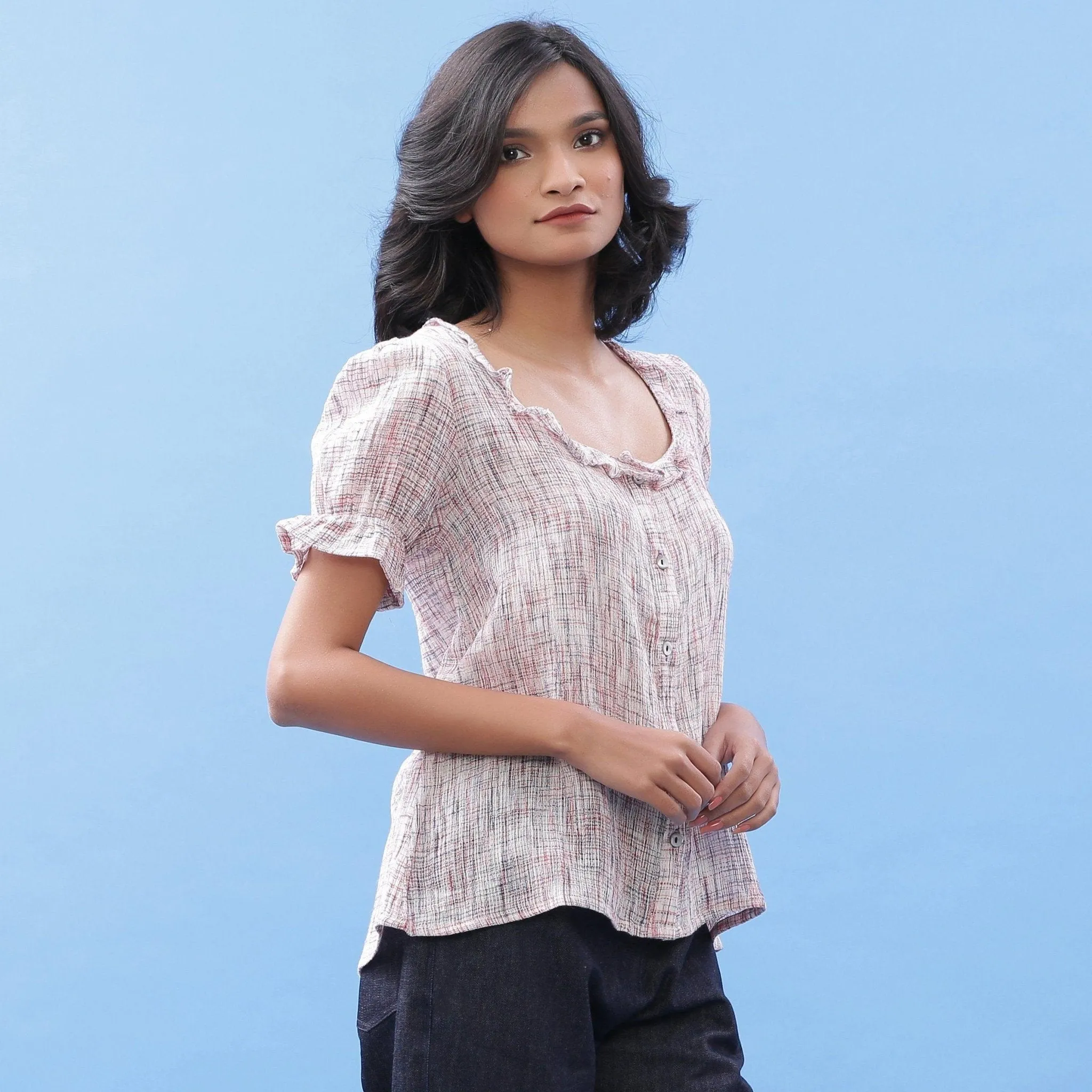 Frilled Crinkled Cotton Button-Down Blouse