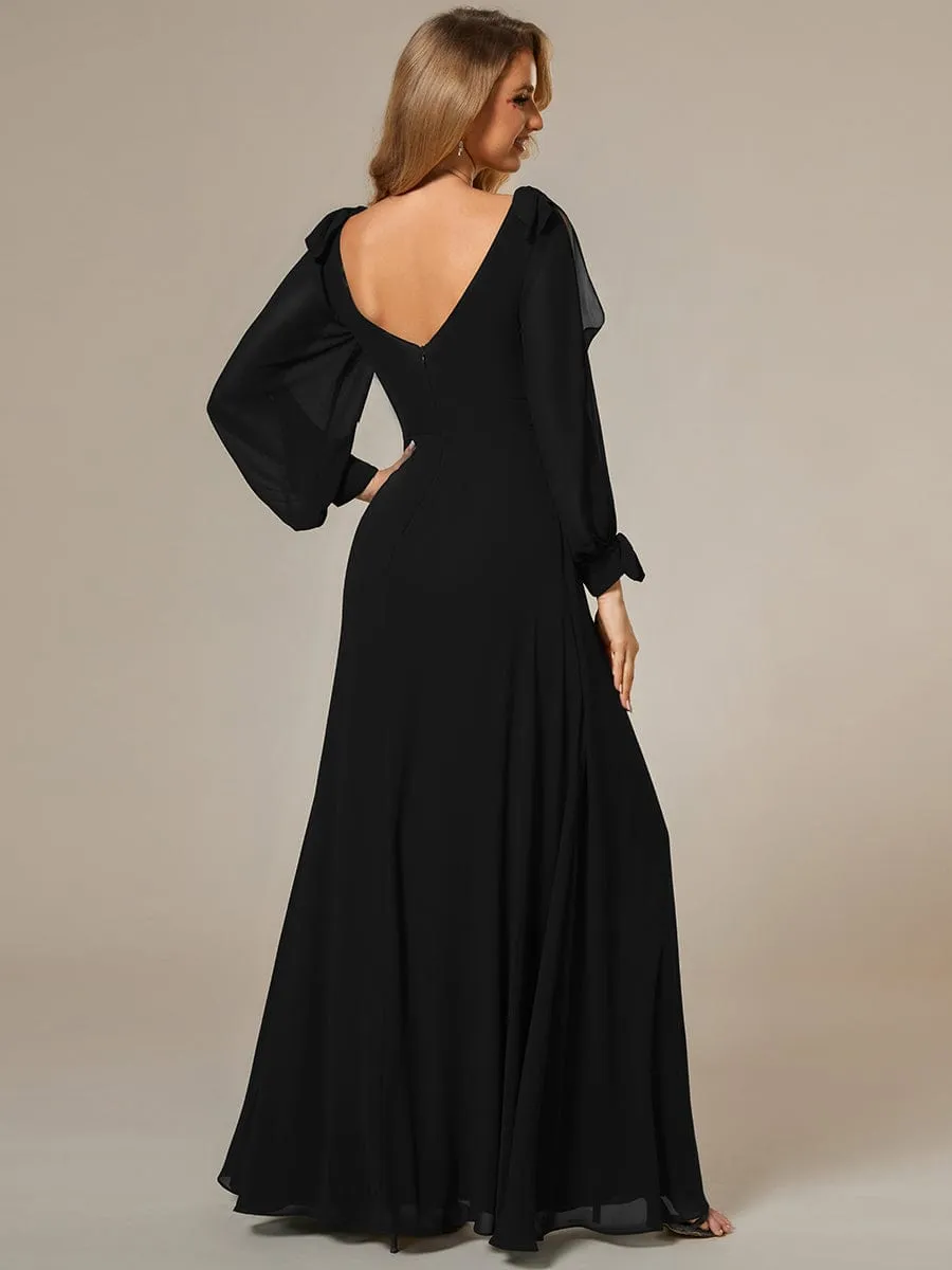 Gentle Split Low Back Thigh Slit Long Sleeve Wedding Guest Dress