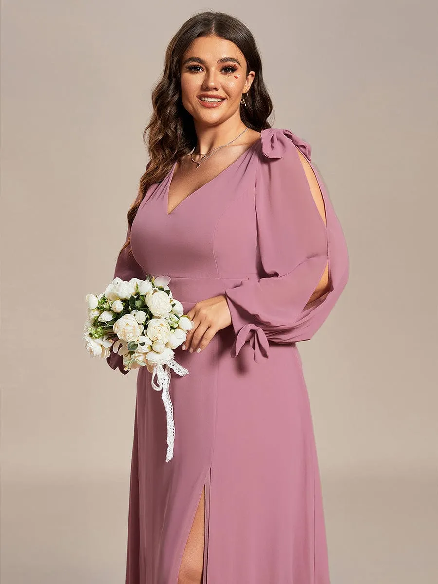 Gentle Split Low Back Thigh Slit Long Sleeve Wedding Guest Dress