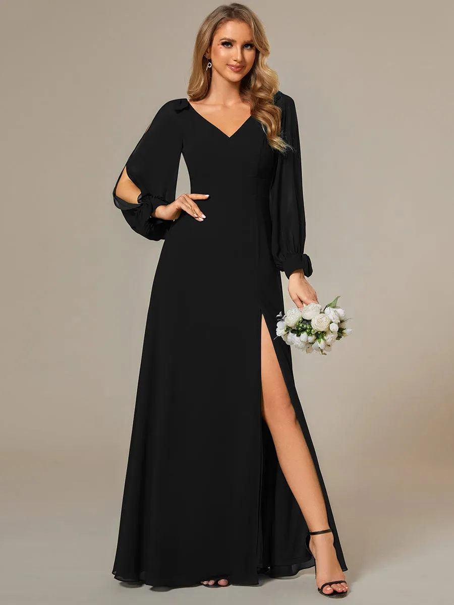 Gentle Split Low Back Thigh Slit Long Sleeve Wedding Guest Dress