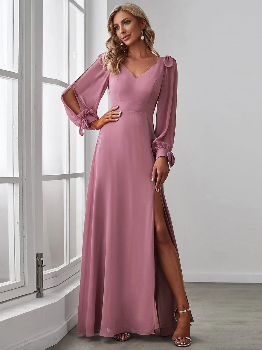 Gentle Split Low Back Thigh Slit Long Sleeve Wedding Guest Dress