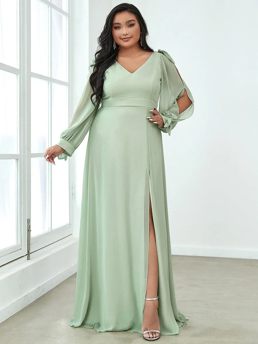 Gentle Split Low Back Thigh Slit Long Sleeve Wedding Guest Dress