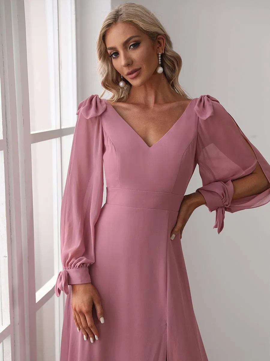 Gentle Split Low Back Thigh Slit Long Sleeve Wedding Guest Dress