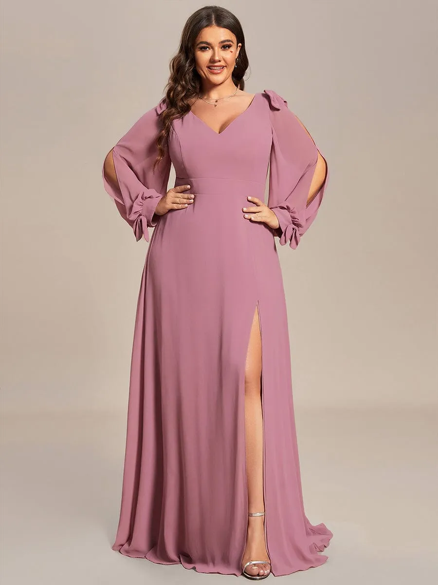 Gentle Split Low Back Thigh Slit Long Sleeve Wedding Guest Dress