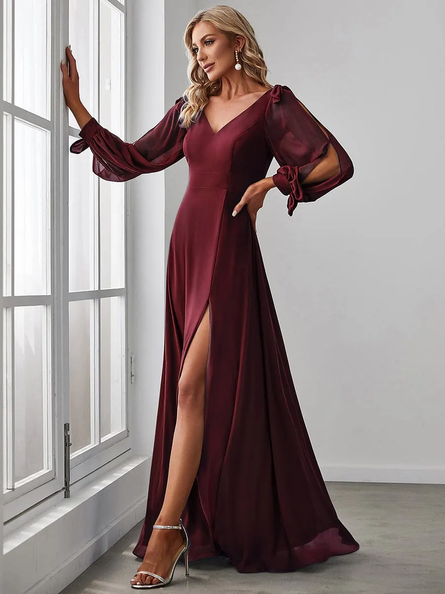 Gentle Split Low Back Thigh Slit Long Sleeve Wedding Guest Dress